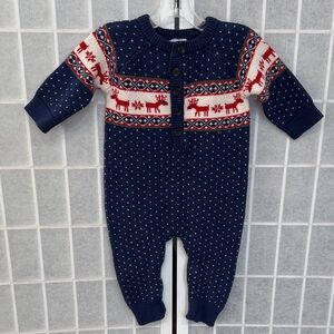 Hanna Anderson Baby Holiday Romper Navy Blue Reindeer Knit One Piece Size 12-18M